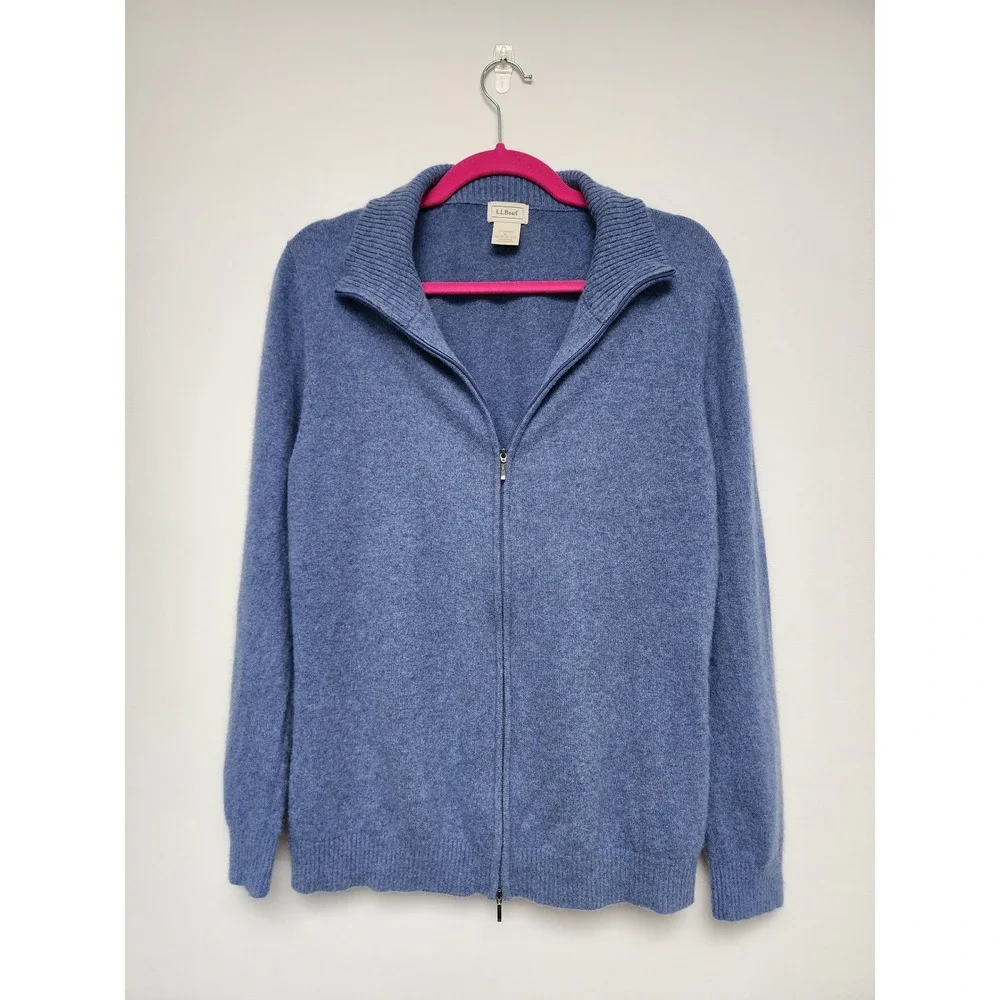 LL Bean Mens XL 100% Cashmere Full Zip Sweater Blue Heather Mock Neck